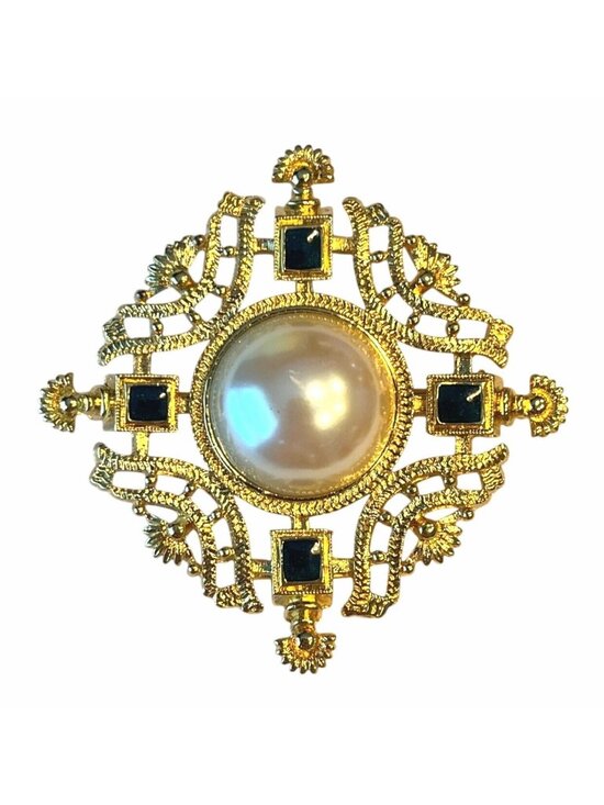 Monet Accessories - Vtg Monet Gold-Tone Brooch With Faux Pearl Black Stone Accents Elegant Filigree